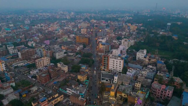 Top down Buildings and Apartment with Multiple Building aerial. Urban Buildings and Apartment at bridge road at Delhi. Cinematic cityscape drone shot. Noida Buildings.