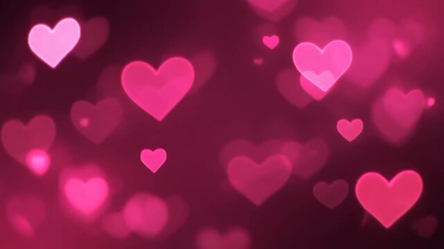 Abstract background featuring romantic pink heart-shaped bokeh lights slowly floating and fading in soft focus digital animation.