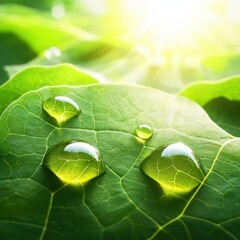 Fresh Morning Dew on Lush Green Leaves with Soft Sunlight Glow