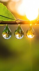 Nature's Beauty: Sunlit Water Droplets on Green Leaf