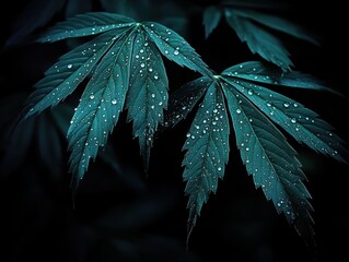 Close-Up of Dewy Green Leaves on Dark Background with Water Droplets