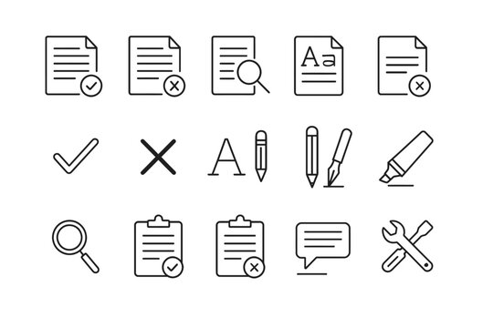 Document icons set with checkmarks and writing tools in black and white.