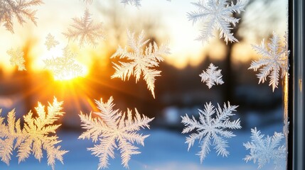 Snowflakes on Window with Beautiful Sunset in the Background