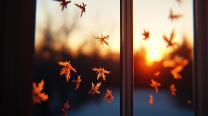 Beautiful Winter Sunset with Frosted Window and Snowy Landscape