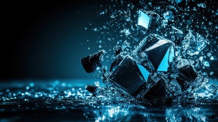 Blue Liquid Splash with Shattered Ice Cubes Flying in Darkness