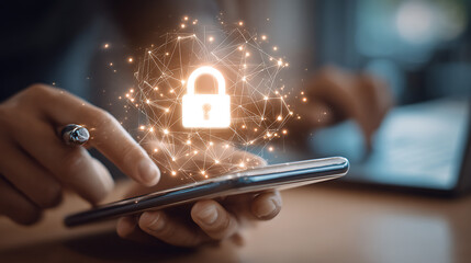 Person using smartphone with glowing digital lock and network connections hand security