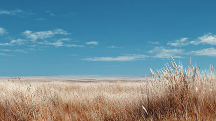 An expansive vista of golden grasslands stretching towards a serene blue sky dotted with soft clouds