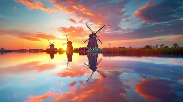 A vivid sunset over a serene body of water, with a reflection of the sky and windmills in the water. The sky is painted in a gradient of fiery oranges, reds, and blues.