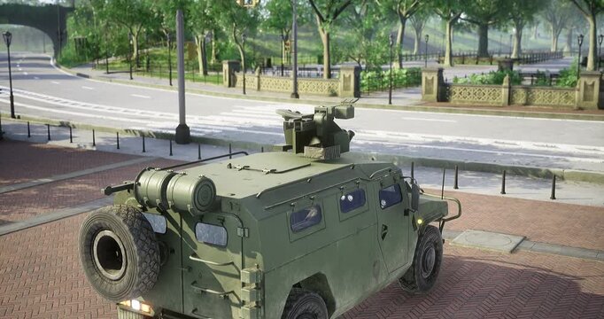A rugged military vehicle is stationed on a brick lined corner amidst vibrant greenery and peaceful surroundings, showcasing a contrast between urban life and military presence.
