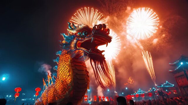 Dragon dance performance under glowing fireworks in the night sky during Chinese New Year, celebrating tradition, culture, and the spirit of 2026.