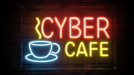Sign shows cyber cafe with cup icon in bright colors at night