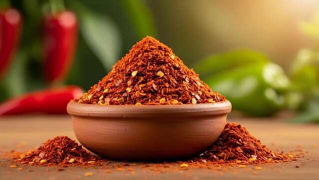 A small clay bowl overfilled with vibrant red chili spice blend