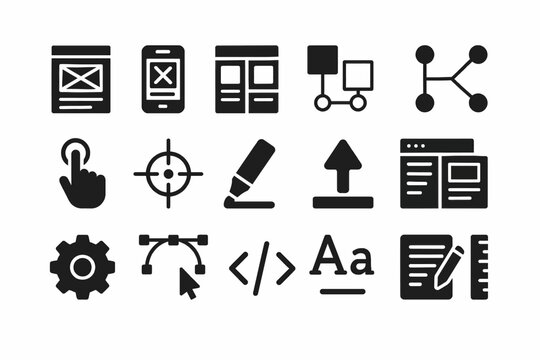 Collection of web design icons: wireframe, touch gesture, typography, interface elements.