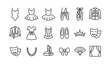 Ballet icons: costumes, shoes, accessories, masks, crowns, tutu, dance, performance symbols.