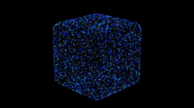 3D glowing cube made of blue particles on black background in digital animation
