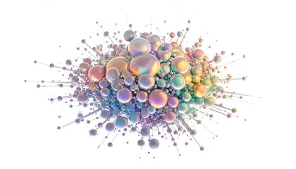A cluster of iridescent spheres with connected rods, isolated on a white background