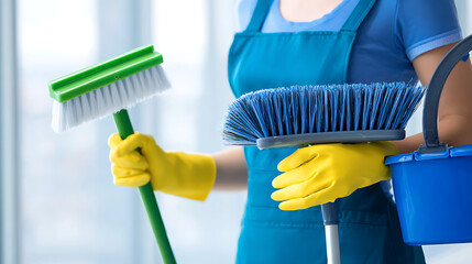 Person wearing yellow gloves holding cleaning brushes and blue bucket blue apron