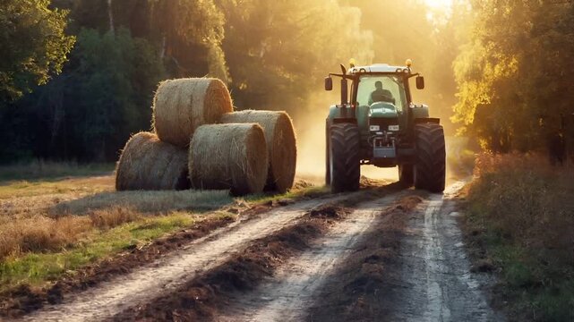 A vivid, sunlit scene of a tractor on a rural road, with hay bales scattered around. The tractor is in motion, with its front end facing the viewer.