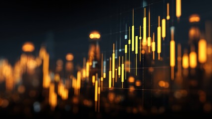 energy stock power infrastructure. Abstract financial graph with glowing candlestick indicators and blurred city lights.