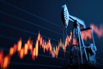 energy stock power infrastructure. Oil pump jack with fluctuating stock market data in the background.