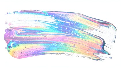 Pastel, iridescent brushstroke against white, with shimmering glitter effect