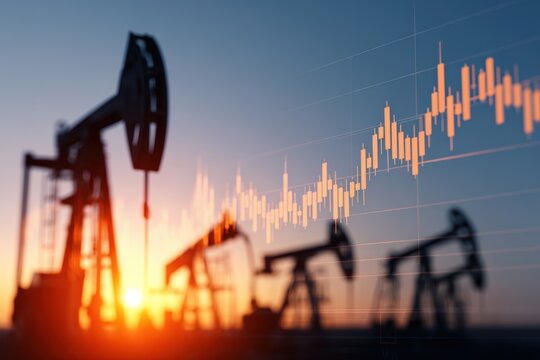 energy stock power infrastructure. Oil rigs silhouetted against a sunset with financial graphs overlaying the scene. - Powered by Adobe