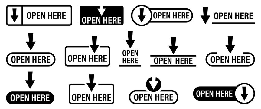 Black and white open here arrow labels in minimal style. Clear directional shapes improve visual navigation
