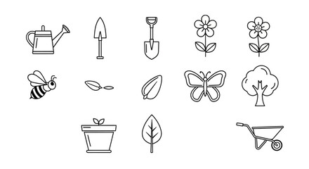 Gardening tools and plant icons set.