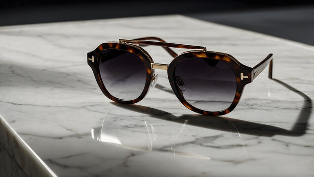 Stylish tortoise-shell sunglasses with gold details resting on a reflective marble surface