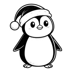 Cute Christmas Penguin Wearing Santa Hat – Black and White Line Art Illustration