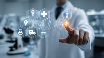 Scientist interacts with digital medical icons technology healthcare