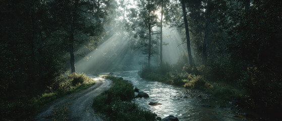 Tranquil river flowing through lush forest nature scene early morning serene landscape inviting perspective