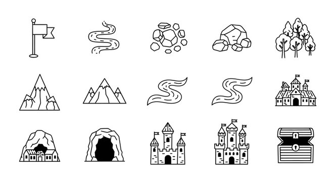 Various line icons of mountains and castles.