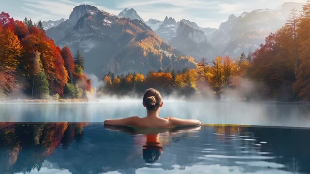 Hot spring vacation relaxation. A woman with a bun hairstyle sits in a serene body of water, surrounded by mist, with a backdrop of a mountain range and autumnal trees.