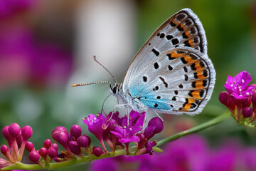 Obraz premium Butterfly with blue and orange wings on purple flower