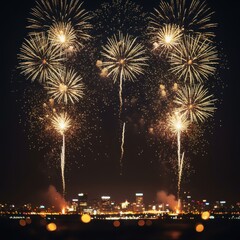 Spectacular golden fireworks illuminate the city skyline during a festive night celebration