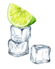 Fresh citrus Lime and Ice cubes, Hand painted watercolor illustration isolated on white background