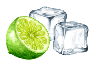 Fresh citrus Lime and Ice cubes. Hand painted watercolor illustration, isolated on white background