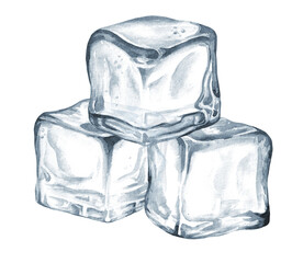 Ice cubes, crystal ice blocks. Hand drawn watercolor illustration isolated on white background