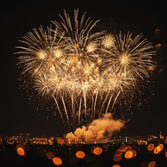 Spectacular golden fireworks explode over a vibrant city night skyline celebration