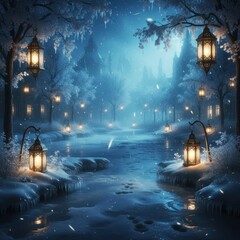 A magical winter wonderland scene illuminated by glowing lanterns at night