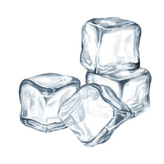 Ice cubes, crystal ice blocks. Hand drawn watercolor illustration, isolated on white background