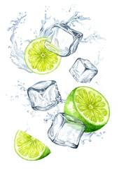 Ice cubes, lime citrus and splash of crystal water. Hand drawn watercolor illustration isolated on white background