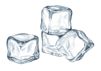 Ice cubes. Hand drawn watercolor illustration isolated on white background