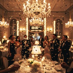 Elegant Gathering Celebrating New Year with Glittering Confetti and Champagne Toasts