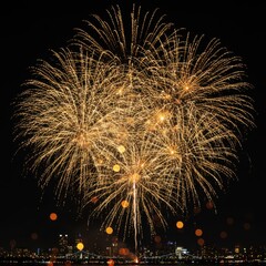 Spectacular golden fireworks illuminate the city skyline during a festive night celebration