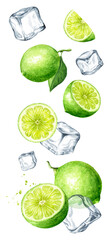 Falling fresh lime citrus, mint leaves and Ice cubes, crystal ice blocks, Hand drawn watercolor illustration isolated on white background