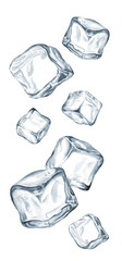Falling Ice cubes, crystal ice blocks, Hand drawn watercolor illustration isolated on white background