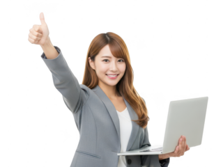 Young business woman smiling with laptop and thumbs up isolated on transparent background