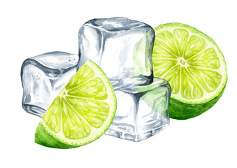 Fresh citrus Lime and Ice cubes, crystal ice blocks, Hand painted watercolor illustration, isolated on white background